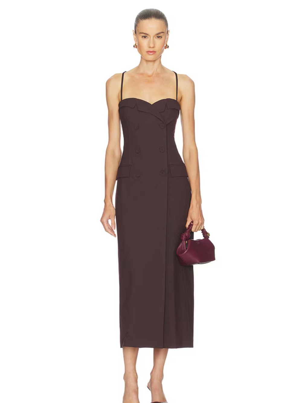 CAMILA COELHO Noeme Midi Dress in Oxblood/Dark Brown